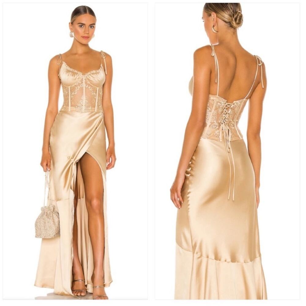 V. Chapman Champagne Satin Maxi Dress with Lace Corset